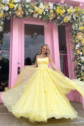 Satin Tulle Ball Gown Spaghetti Straps 3D Flowers Prom Dresses